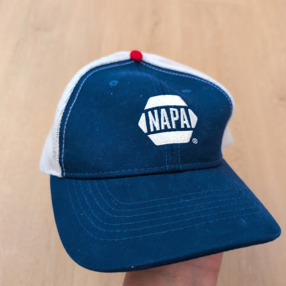 NAPA Auto Parts Trucker Hat Navy Blue White Mesh Snapback USA Flag Patch Cap